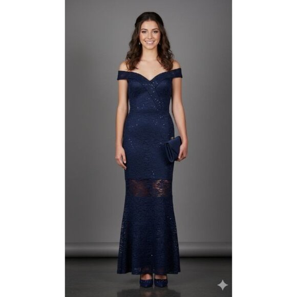 NWOT Quiz Bardot Embellished Sequin Cocktail Formal Prom Gown Navy Blue 4 - Picture 3 of 12